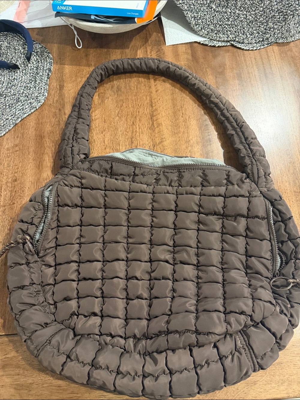 Quilted Puffer Shoulder Bag in Brown